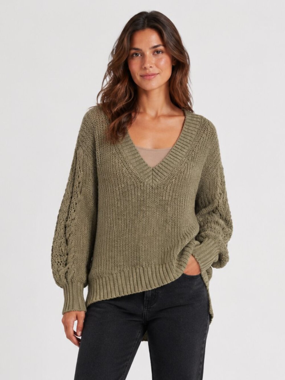 American Eagle Green Open Knit Choker V-Neck Sweater XS